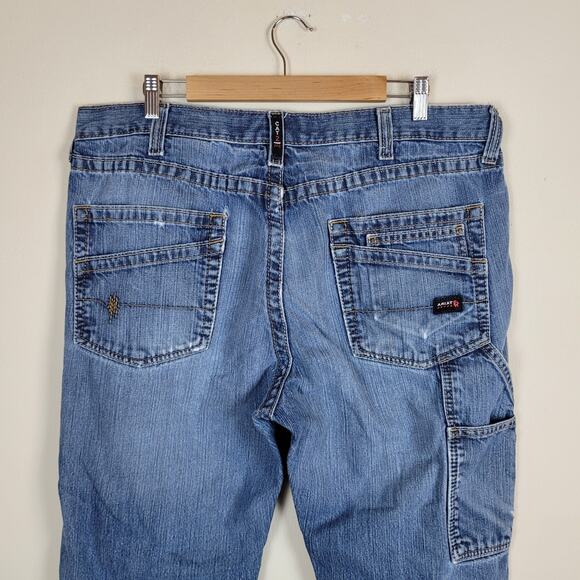 Ariat FR M4 Relaxed Boot Cut Jeans Mens 38x32 Blue Denim Work Distressed - Picture 4 of 9